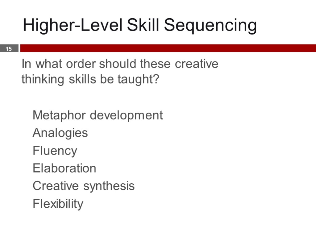 Higher-Level Skill Sequencing In what order should these creative thinking skills be taught? Metaphor